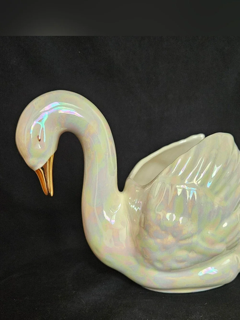 Iridescent Ceramic Swan Planter with Gold Beak